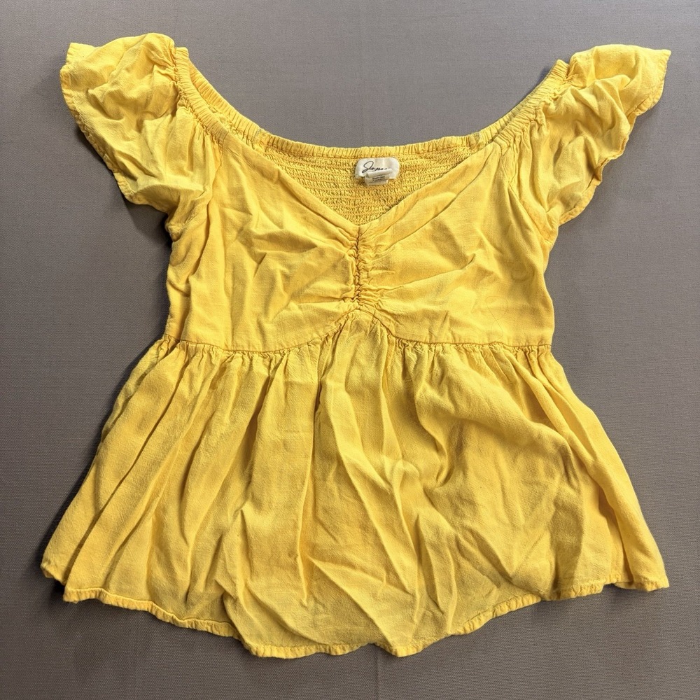 Jasper Women’s Yellow Smocked Ruched Square Neck Peplum Blouse Viscose S